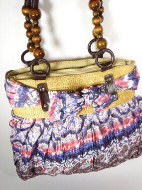 New purple, red, tan and brown print cloth handbag